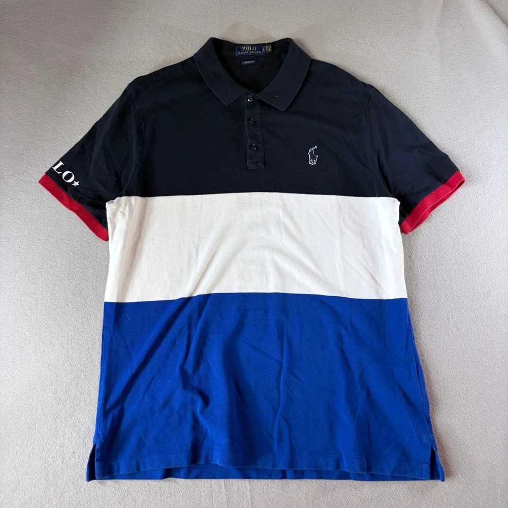 Polo Ralph Lauren Mens Large Classic Fit Colorblock Polo Shirt Navy White Blue